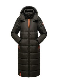 Long black padded winter coat with hood, front zipper, side pockets, and orange zipper pulls and logo details.
