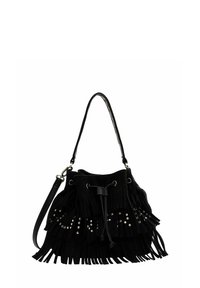 Borsa a secchiello in suede nero con dettagli in frange, borchie in argento e chiusura a coulisse. Include una singola tracolla.