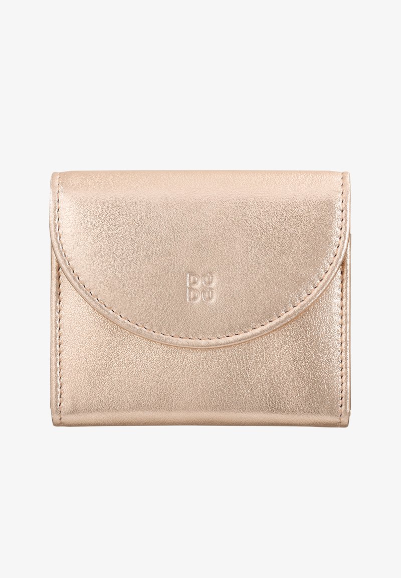 Compact wallet in metallic rose gold leather. Rounded flap closure with embossed logo. Smooth texture and visible stitching detail.