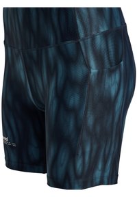 Marineblaue Sportshorts mit Wellenmuster, gefertigt aus leichtem, atmungsaktivem Stoff. Verfügen über eine Seitentasche und glatte Nähte.