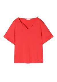 T-shirt rouge corail en tissu doux, avec un col en V, des manches courtes à revers et un ourlet droit. Sans motifs ni accessoires.