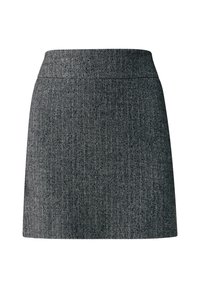 Grå herringbonekjol med figursydd midja, rak form och slät textur. Den har en ren, minimalistisk design utan dekorationer.