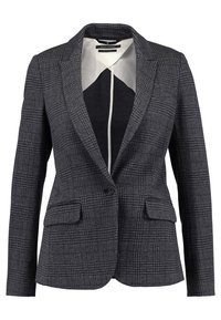 Blazer cintré à carreaux gris et noir avec deux poches à rabat devant et une fermeture à un bouton, présenté sur un fond blanc.