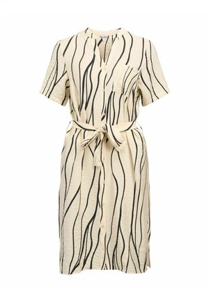 Krém színű, rövid ujjú ruha fekete hullámos csíkokkal, gombos elejével, gallérral és derékban megkötős övvel. Textúrált anyag.