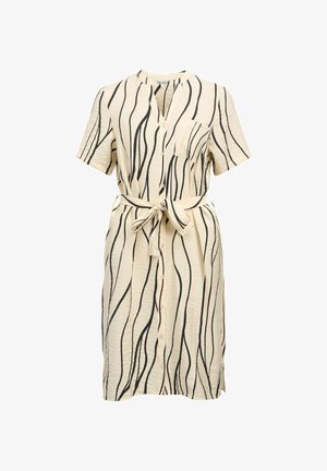 Krém színű, rövid ujjú ruha fekete hullámos csíkokkal, gombos elejével, gallérral és derékban megkötős övvel. Textúrált anyag.