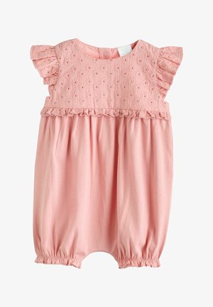 Ružový bavlnený overal s textúrovaným živôtikom, volánikovými rukávmi a elastickými otvormi na nohách. Vrchná časť má kvetinovú výšivku.