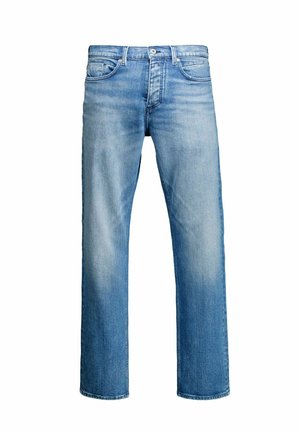 Lichtblauwe denim jeans met een rechte pijp, subtiele vervaging, klassiek vijf-pocket ontwerp en een sluiting met een knoop aan de voorkant.