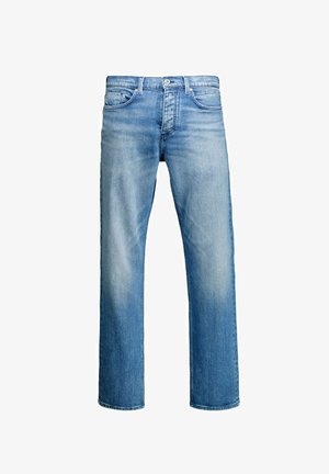 Svetlomodré džíny s rovnými nohavicami, s jemným vyblednutím, klasickým dizajnom s piatimi vreckami a predným zapínaním na gombík.