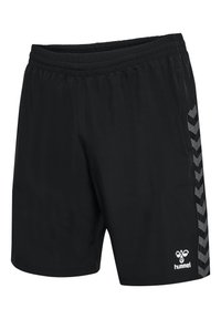 Pantaloni sportivi neri realizzati in un tessuto traspirante, con vita elastica e un motivo a chevron grigio a contrasto sui lati. Logo Hummel presente.