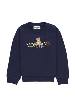 Felpa per neonati blu navy con logo Moschino multicolore e grafica di un orsetto al centro del petto, maniche e orlo a costine.