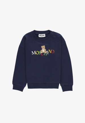Felpa per neonati blu navy con logo Moschino multicolore e grafica di un orsetto al centro del petto, maniche e orlo a costine.