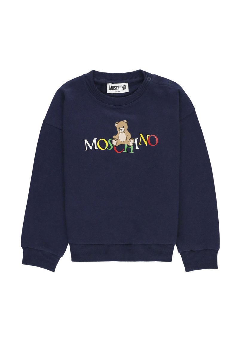 Felpa per neonati blu navy con logo Moschino multicolore e grafica di un orsetto al centro del petto, maniche e orlo a costine.