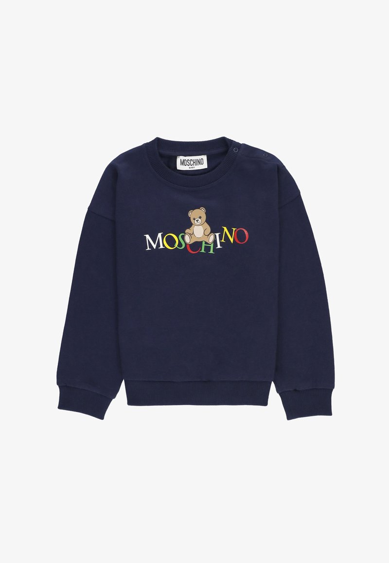Felpa per neonati blu navy con logo Moschino multicolore e grafica di un orsetto al centro del petto, maniche e orlo a costine.