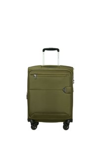 Olive green suitcase with a textured fabric exterior, a telescopic handle, four wheels, and a front zip pocket for easy access.