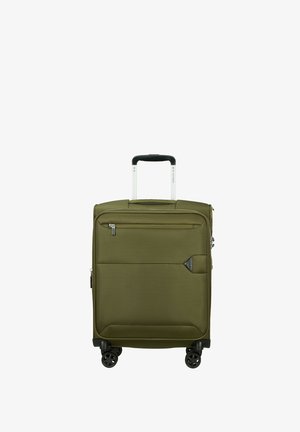Olive green suitcase with a textured fabric exterior, a telescopic handle, four wheels, and a front zip pocket for easy access.
