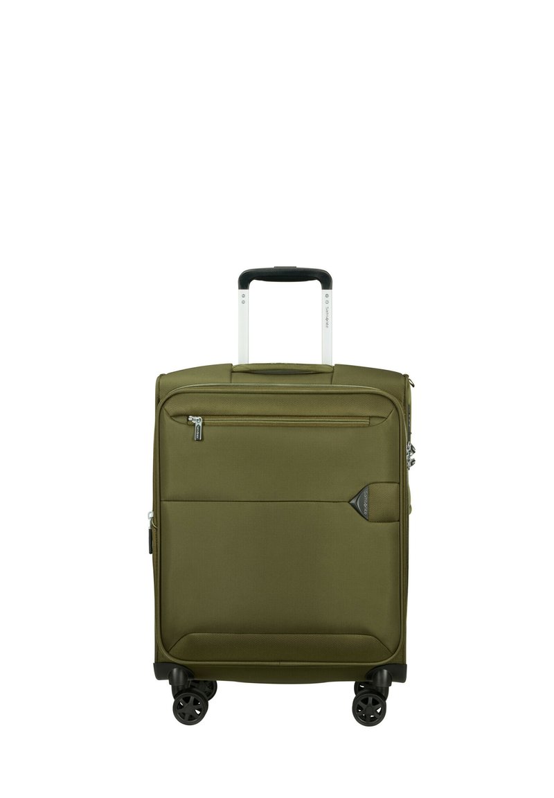 Olive green suitcase with a textured fabric exterior, a telescopic handle, four wheels, and a front zip pocket for easy access.