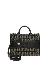 Borsa nera e beige realizzata in tessuto e pelle con un motivo a logo ripetuto, manici superiori e una tracolla staccabile. Accenti dorati.