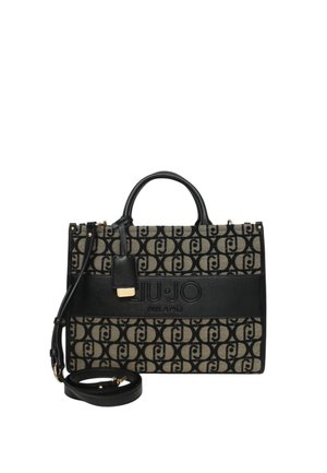 Sac noir et beige en tissu et cuir, avec un motif de logo répétitif, des poignées supérieures et une bandoulière amovible. Détails dorés.