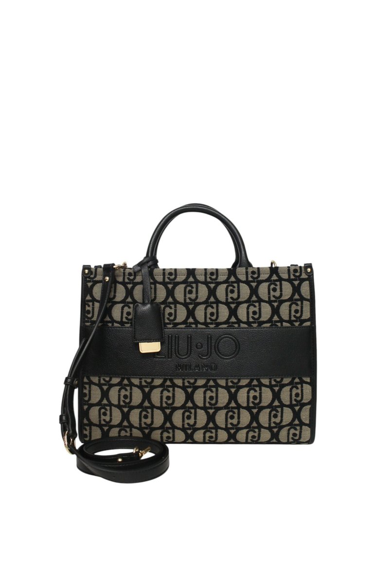 Borsa nera e beige realizzata in tessuto e pelle con un motivo a logo ripetuto, manici superiori e una tracolla staccabile. Accenti dorati.