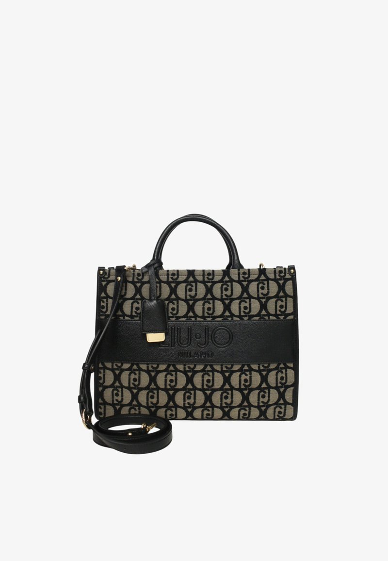 Borsa nera e beige realizzata in tessuto e pelle con un motivo a logo ripetuto, manici superiori e una tracolla staccabile. Accenti dorati.