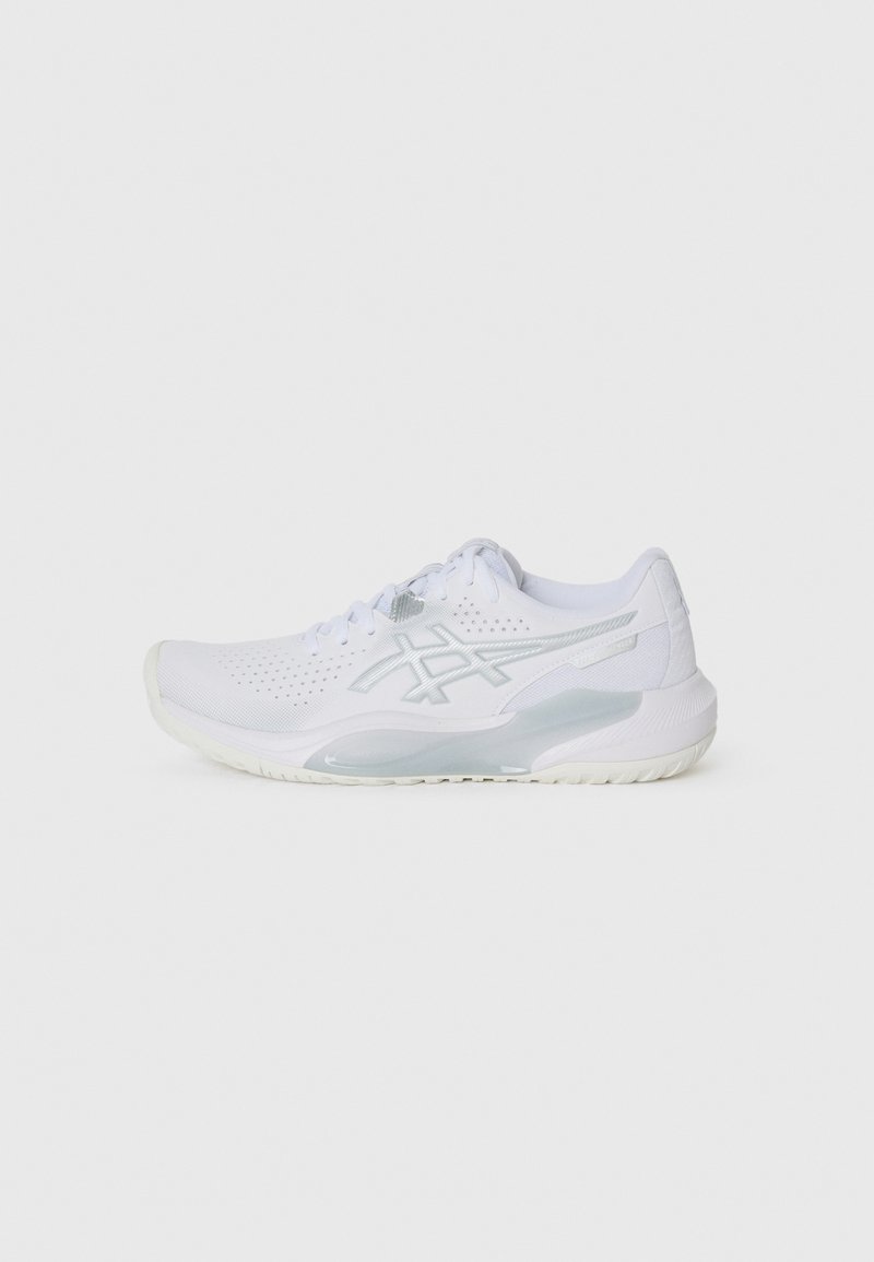 White athletic shoes with a perforated upper, silver logo accents, a cushioned sole, and a sleek, streamlined design.