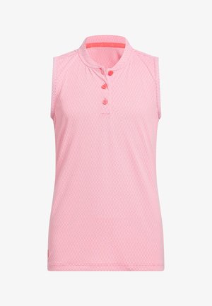 Polo rosa sin mangas con sutil patrón de diamantes, cuello alto y tres botones delanteros.