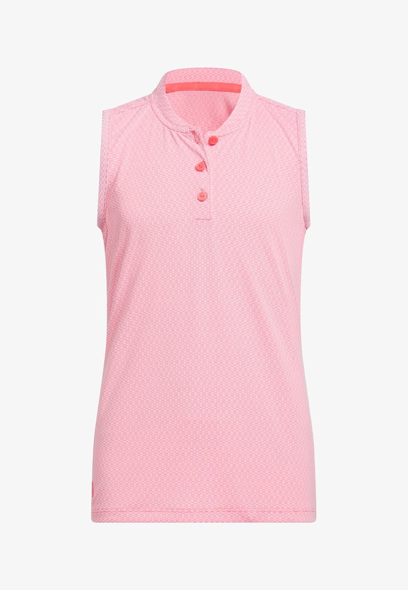 Polo rose sans manches avec un motif subtil en diamant, col montant et trois boutons sur le devant.