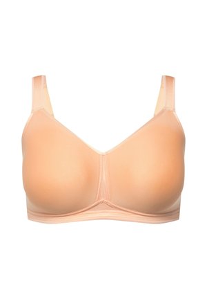 Soutien-gorge beige avec des coques sans couture, de larges bretelles réglables et un tissu doux. Il présente une texture lisse et un design classique pour le confort et le soutien.