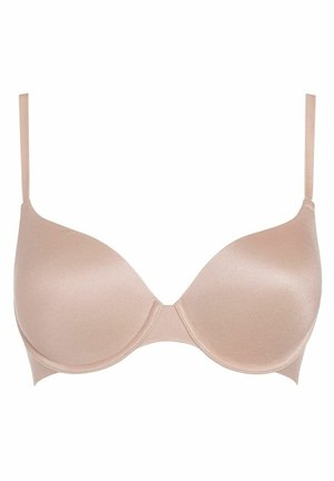 Soutien-gorge beige moulé avec bretelles ajustables, texture lisse et design sans coutures. Présente un léger lustre et une couture centrale pour le soutien.