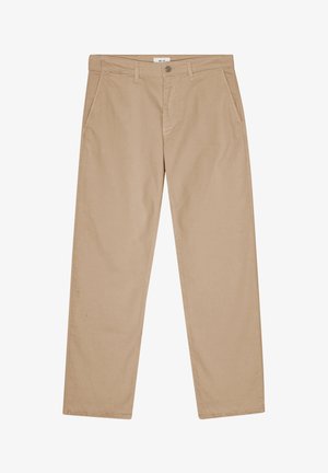 Beige katoenen broek met een recht ontwerp, voorzien van voorzakken, een knoopsluiting en subtiele stikdetails.