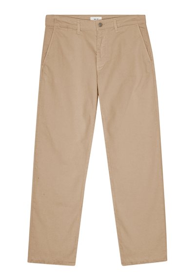 Beige bomuldsbukser med lige ben design, med forlommer, knappelukning og subtile syninger.