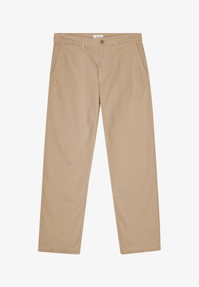 Beige katoenen broek met een recht ontwerp, voorzien van voorzakken, een knoopsluiting en subtiele stikdetails.