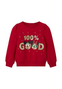 Felpa rossa con la scritta "100% BUONO" in testo dorato, decorata con immagini di personaggi dei cartoni animati, dettagli rosa e decorazioni a forma di stella.