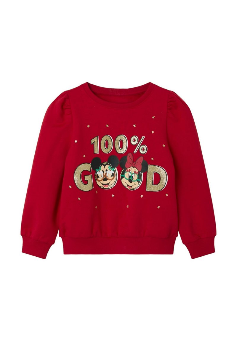 Felpa rossa con la scritta "100% BUONO" in testo dorato, decorata con immagini di personaggi dei cartoni animati, dettagli rosa e decorazioni a forma di stella.