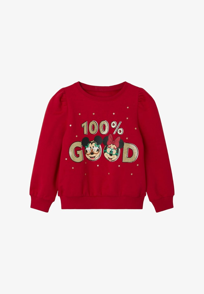 Felpa rossa con la scritta "100% BUONO" in testo dorato, decorata con immagini di personaggi dei cartoni animati, dettagli rosa e decorazioni a forma di stella.