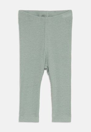 Zarte, mintgrüne, gerippte Baby-Leggings mit elastischem Bund und geraden, schmalen Beinen.