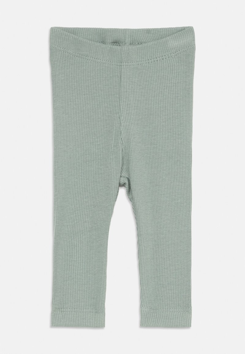 Leggings per neonati in maglia a coste verde menta chiaro, con vita elasticizzata e gambe dritte e slim.
