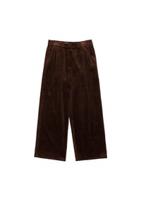 Pantalones de pana marrones de pierna ancha con una cinturilla elástica, exhibidos planos sobre un fondo blanco.