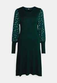 Groene jurk met lange pofmouwen met gouden stippenpatronen, gemaakt van zachte stof, met een ronde halslijn en een comfortabele pasvorm.