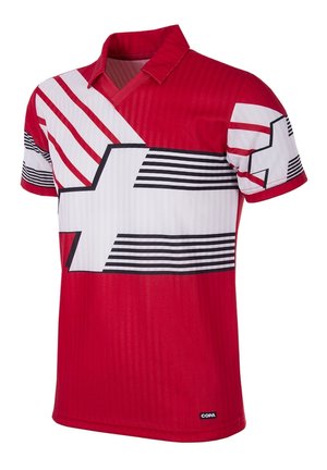 Rood polo shirt met korte mouwen, gekenmerkt door witte en zwarte horizontale en diagonale strepen, met een contrasterend wit accentontwerp.