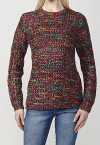 Multicolored gebreide trui met een gestructureerd patroon, met tinten rood, paars en groen. Lange mouwen en een ronde hals.