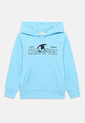 Light blue Champion hoodie with front pocket and black logo text "Authentic Athleticwear Champion" on chest.