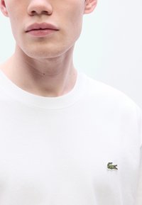 Λευκό βαμβακερό t-shirt με στρογγυλή λαιμό κοψη και μικρό, κεντημένο πράσινο λογότυπο κροκόδειλου στην αριστερή πλευρά του στήθους.