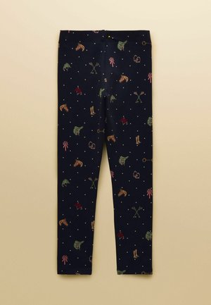 Granatowe legginsy we wzór z małymi grochami i ilustracjami związanymi z jeździectwem, w tym końmi, butami, siodłami, kaskami i biczami.