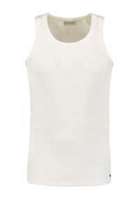 Witte geribbelde tanktop met een ronde hals en brede armsgaten, voorzien van een label aan de binnenkant. Eenvoudig, aansluitend ontwerp.