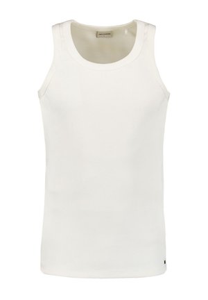 Witte geribbelde tanktop met een ronde hals en brede armsgaten, voorzien van een label aan de binnenkant. Eenvoudig, aansluitend ontwerp.