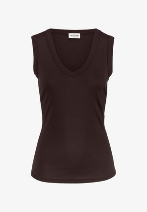 Canotta da donna senza maniche color marrone scuro con scollo a V, sagomata e con etichetta del marchio hessnatur all'interno del colletto.