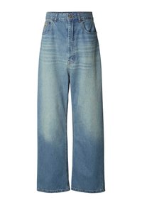 Svetlo modre široke kavbojke iz jeansa. Imajo visok pas, dva sprednja žepa, rahlo posvetlitev na stegnih in raven rob.