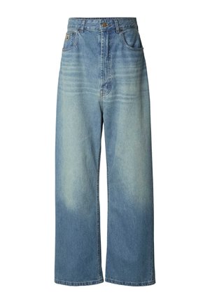 Vide jeans med rette ben i lyst blått denimstoff. Har høy midje, to frontlommer, subtil falming på lårene, og rett kant nederst.