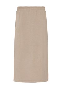 Jupe beige longueur genou en tissu doux et léger avec une ceinture élastique et un design simple sans ornements. Texture lisse.